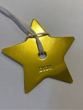 Dior Metallic Gold Star Tag Charm Ornament with White Cord
